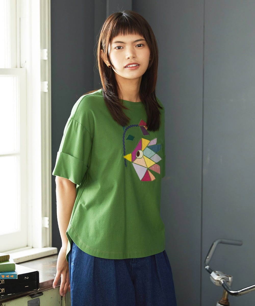 GJKJD02180 Jocomomola(ホコモモラ) 【接触冷感】Aves バードパッチワークカットソー グリーン
