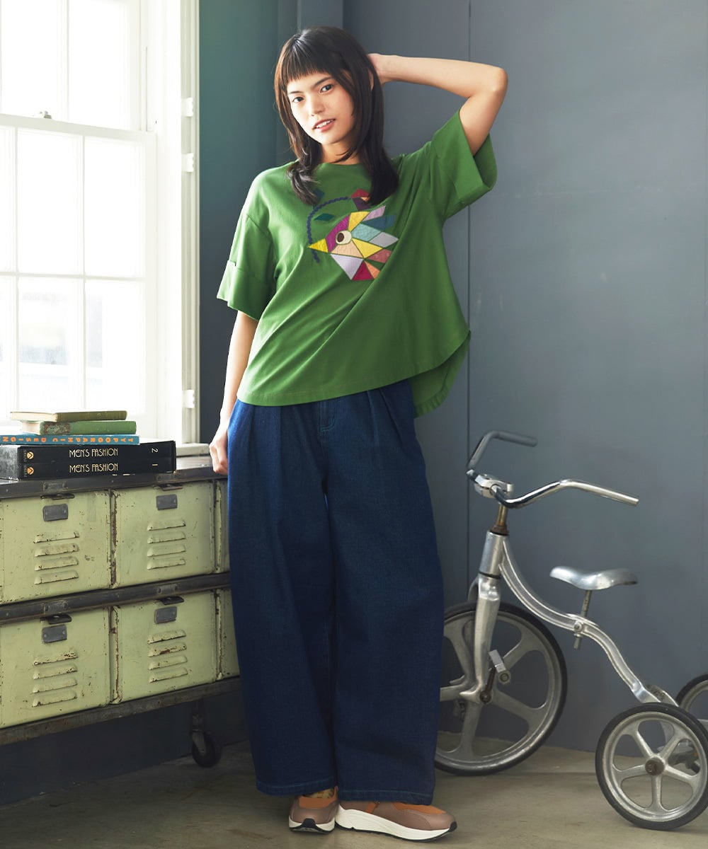 GJKJD02180 Jocomomola(ホコモモラ) 【接触冷感】Aves バードパッチワークカットソー グリーン