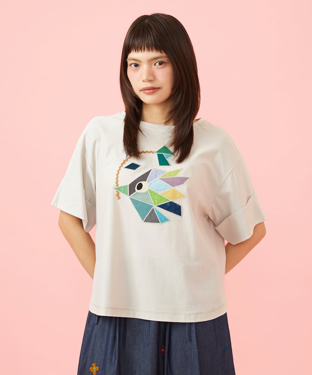 GJKJD02180 Jocomomola(ホコモモラ) 【接触冷感】Aves バードパッチワークカットソー ライトグレー
