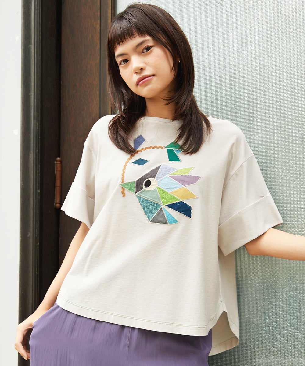 GJKJD02180 Jocomomola(ホコモモラ) 【接触冷感】Aves バードパッチワークカットソー ライトグレー