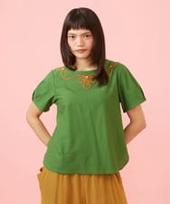 GJKJD03160 Jocomomola(ホコモモラ) 【接触冷感】Aves 刺繍カットソー グリーン