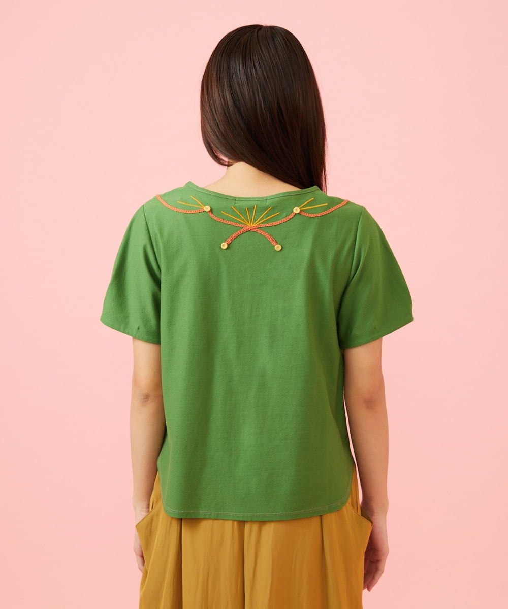 GJKJD03160 Jocomomola(ホコモモラ) 【接触冷感】Aves 刺繍カットソー グリーン