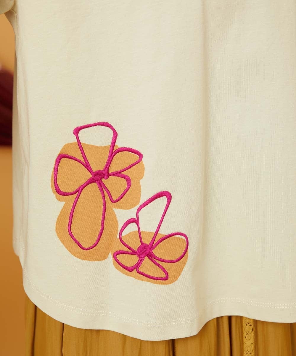 GJKJD32150 Jocomomola(ホコモモラ) 【接触冷感】Amigo フラワー刺繍プリントカットソー ライトイエロー