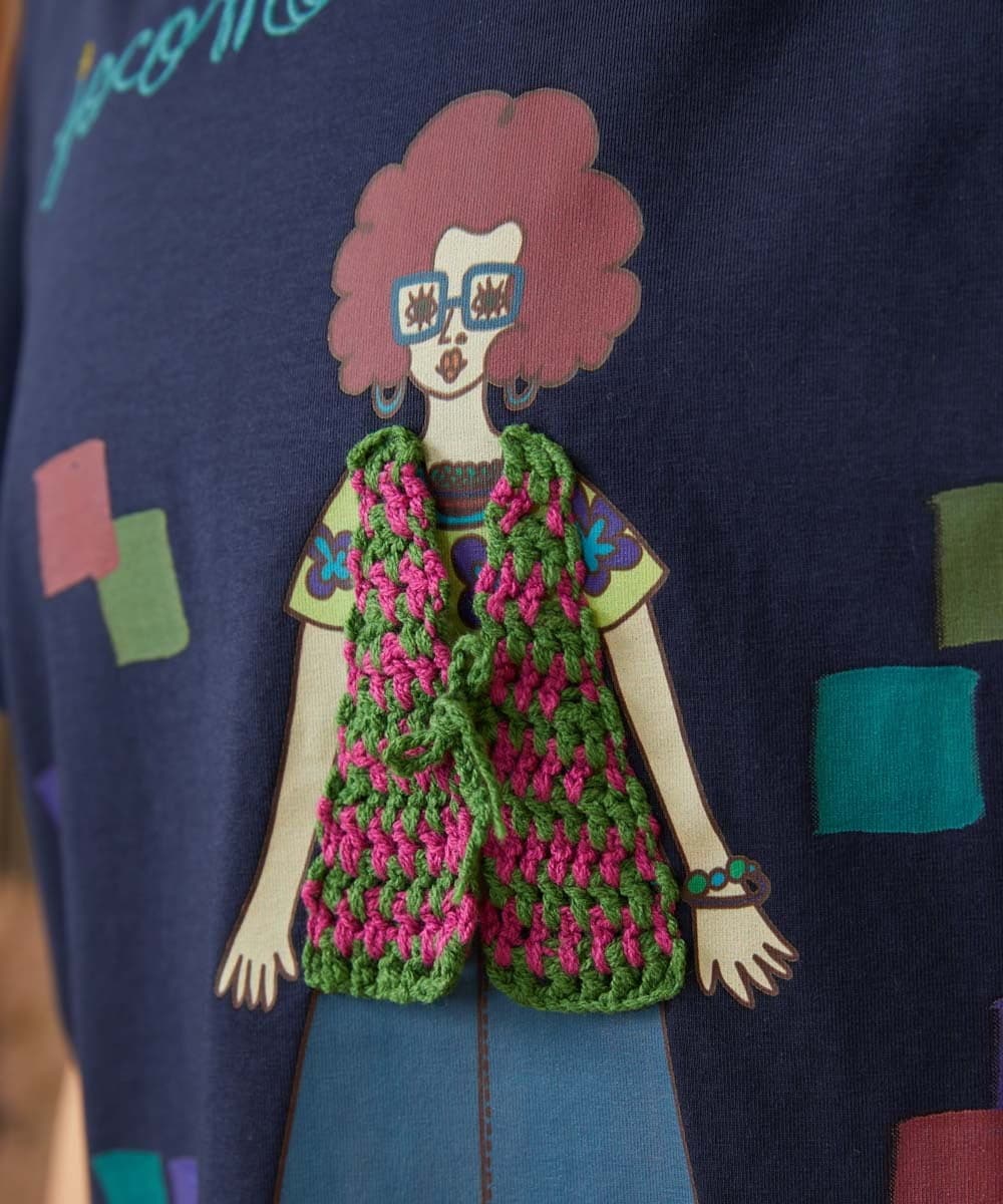 GJKJD33160 Jocomomola(ホコモモラ) 【接触冷感】Amigo ガールプリントTシャツ ネイビー
