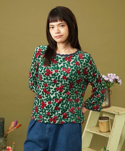 GJKJE37200 Jocomomola 【日本製】Estampa フラワーモチーフジャカードカットソー