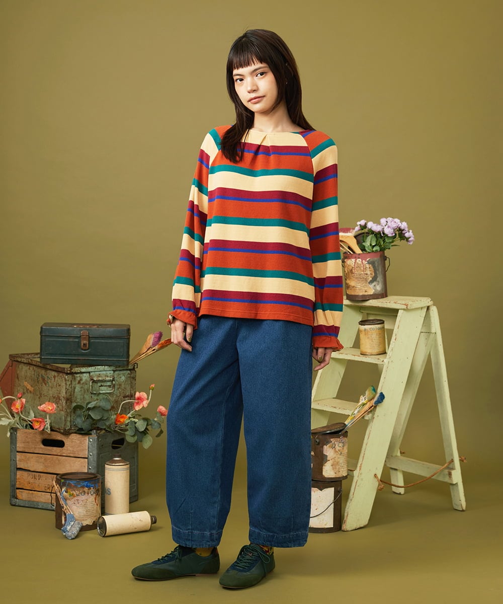 GJKJE38160 Jocomomola(ホコモモラ) Raya ancha ボーダーカットソープルオーバー オレンジ×ベージュ