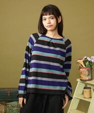 GJKJE38160 Jocomomola(ホコモモラ) Raya ancha ボーダーカットソープルオーバー パープル×ブラック