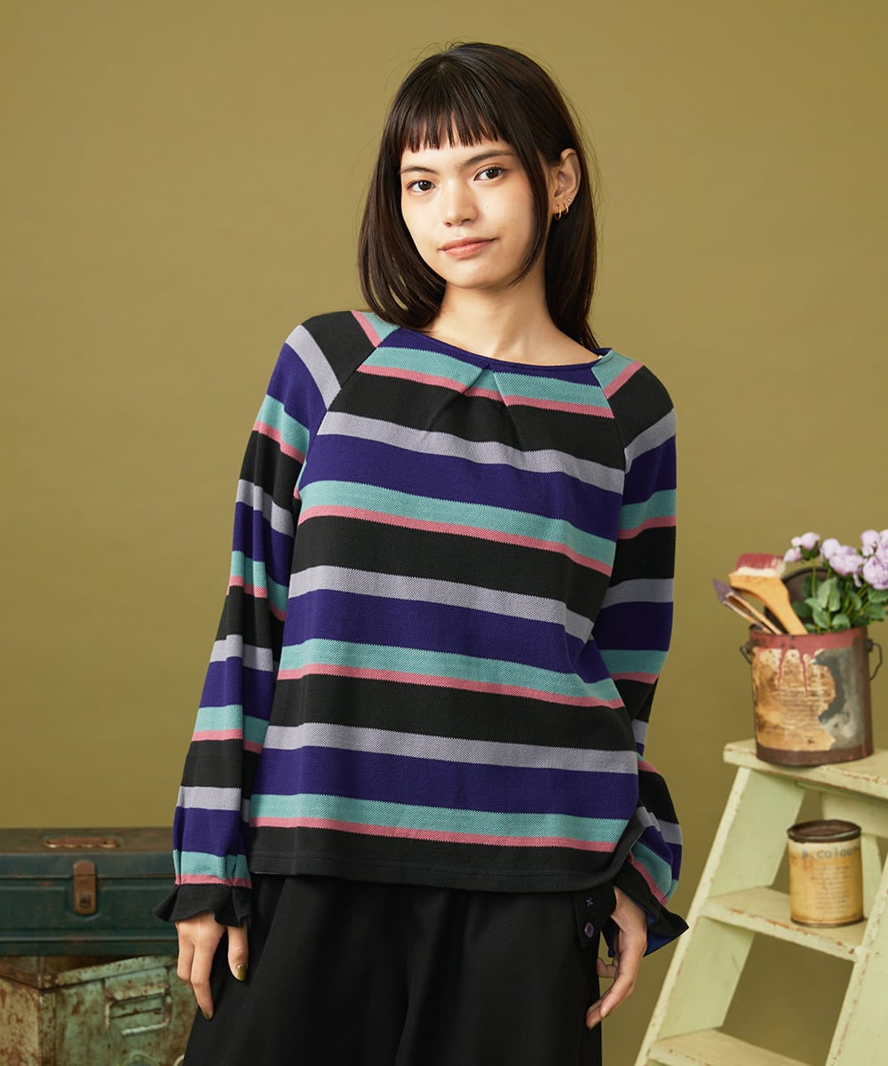 GJKJE38160 Jocomomola(ホコモモラ) Raya ancha ボーダーカットソープルオーバー パープル×ブラック