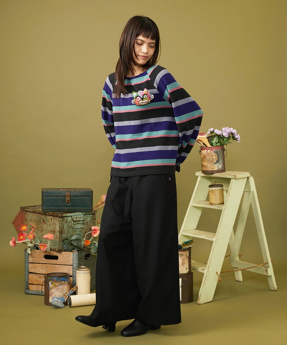 GJKJE38160 Jocomomola(ホコモモラ) Raya ancha ボーダーカットソープルオーバー パープル×ブラック