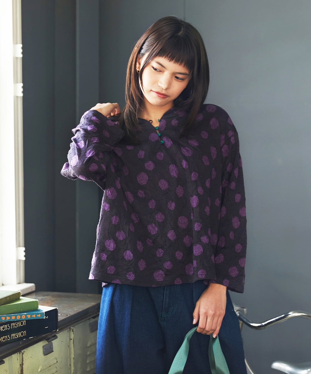 PUTUMAYO フード付き長袖カットソー 日本製】配色ドットジャカードフード付きカットソー(カットソー・T