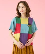 GJKJV01170 Jocomomola(ホコモモラ) CHURROS 刺繍入り配色パッチワークTシャツ ライトブルー