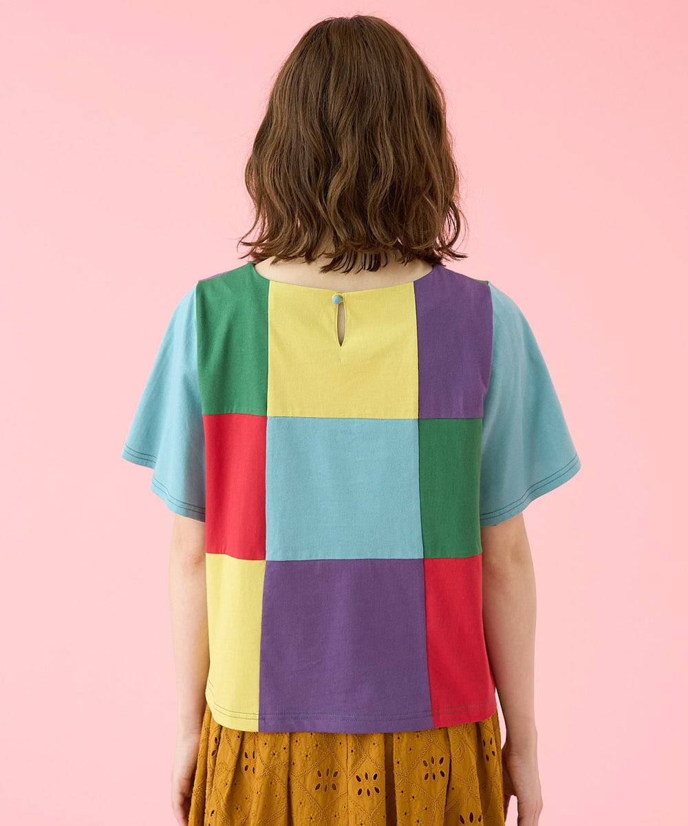 GJKJV01170 Jocomomola(ホコモモラ) CHURROS 刺繍入り配色パッチワークTシャツ ライトブルー