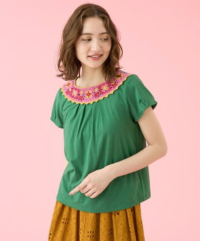 GJKJV02160  CHURROS クロッシェモチーフ付Tシャツ