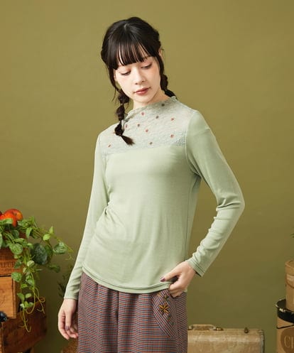 GJKLA31120 Jocomomola レーヨンベアフライス レース切り替えカットソー