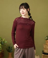 GJKLA31120 Jocomomola(ホコモモラ) レーヨンベアフライス レース切り替えカットソー ボルドー