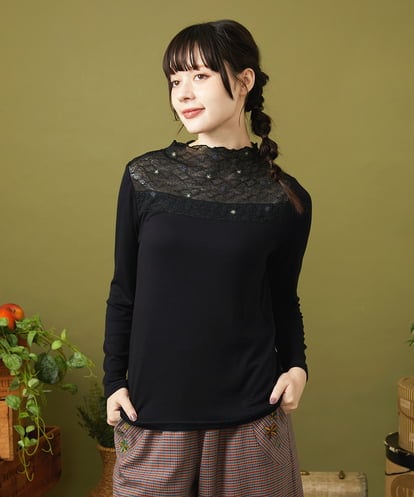 GJKLA31120 Jocomomola レーヨンベアフライス レース切り替えカットソー