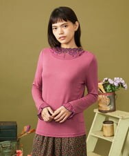 GJKLD31120 Jocomomola(ホコモモラ) レーヨンベアフライス フラワー刺繍シフォンフリルカットソー ピンク