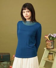 GJKLD31120 Jocomomola(ホコモモラ) レーヨンベアフライス フラワー刺繍シフォンフリルカットソー ブルー