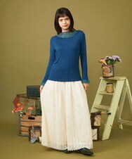 GJKLD31120 Jocomomola(ホコモモラ) レーヨンベアフライス フラワー刺繍シフォンフリルカットソー ブルー