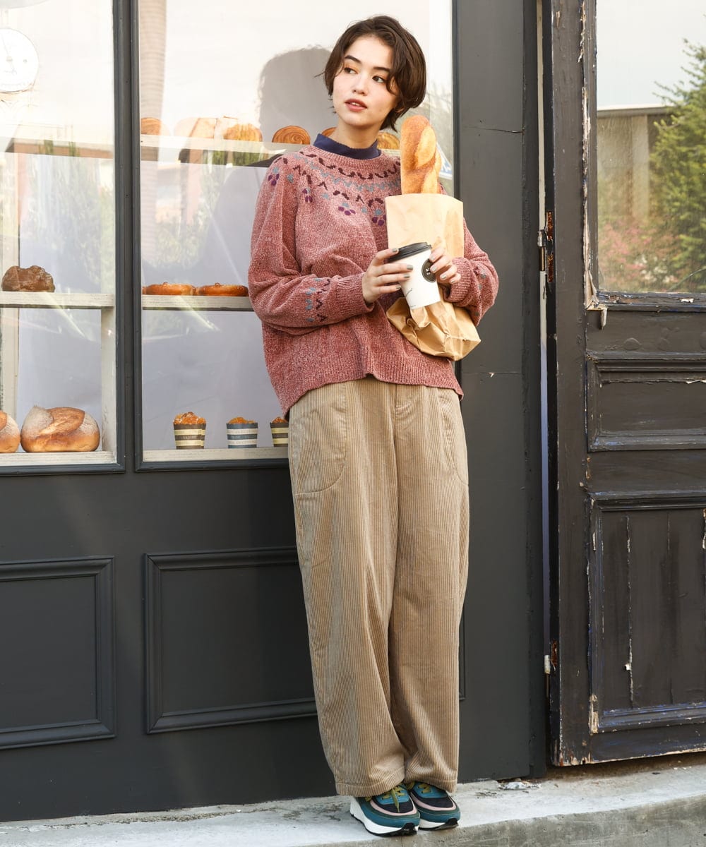 GJLAD02180 Jocomomola(ホコモモラ) Arriate コーデュロイワイドストレートパンツ ネイビー×ピンク