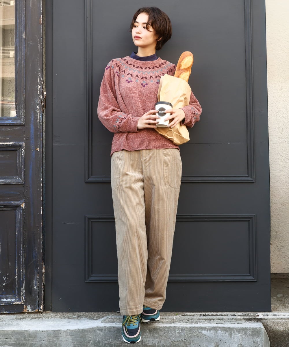 GJLAD02180 Jocomomola(ホコモモラ) Arriate コーデュロイワイドストレートパンツ ネイビー×ピンク