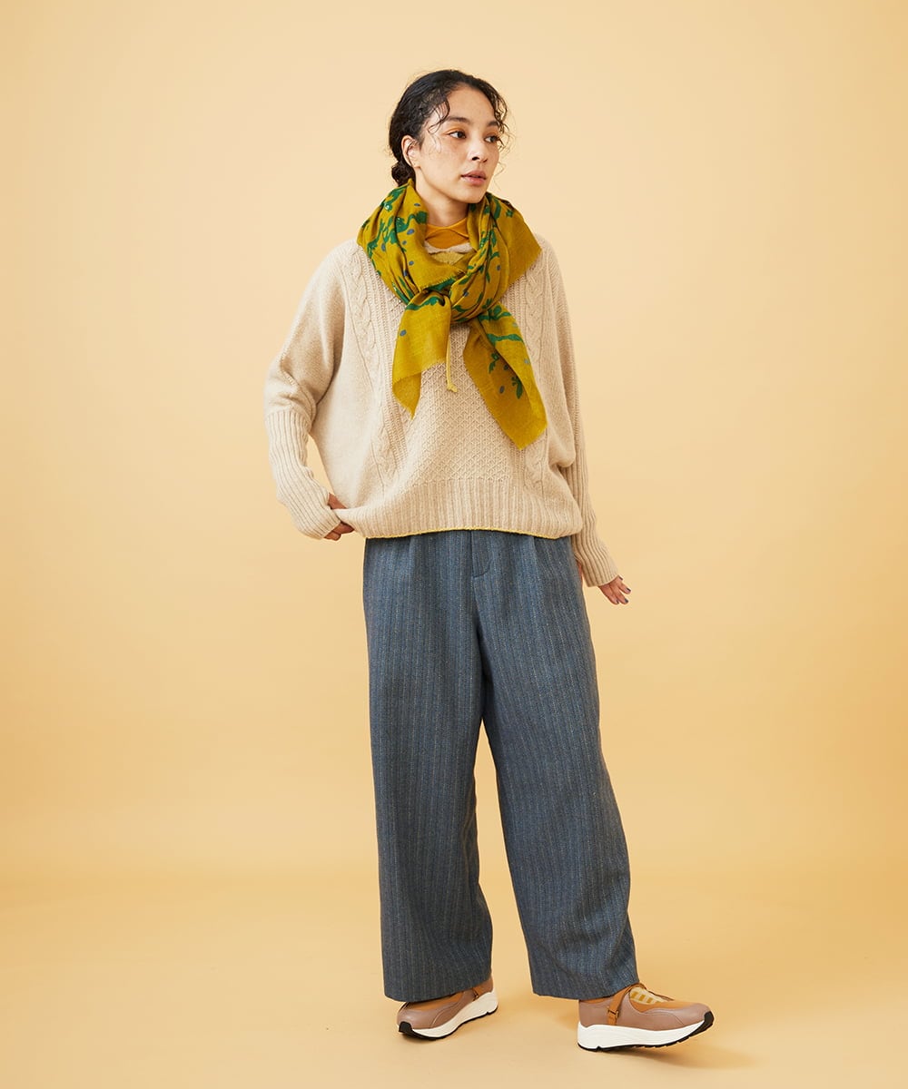 GJLAE42200 Jocomomola(ホコモモラ) Huellas de aves  へリンボーンワイドストレートパンツ ブルーグレー