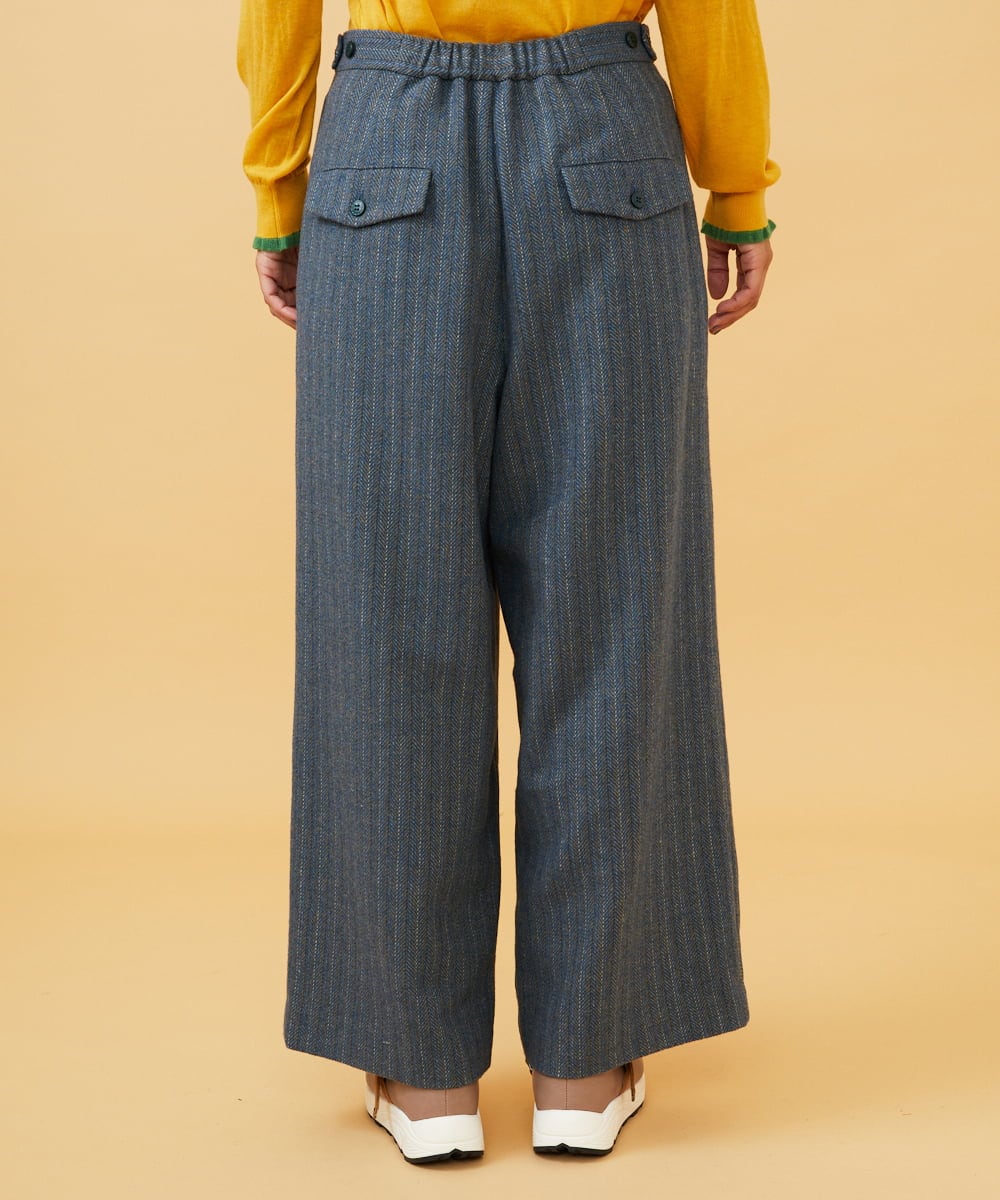 GJLAE42200 Jocomomola(ホコモモラ) Huellas de aves  へリンボーンワイドストレートパンツ ブルーグレー