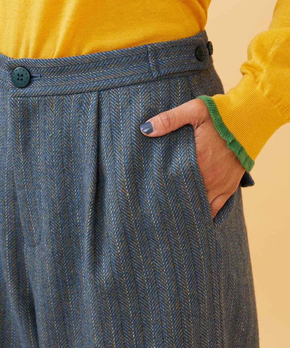 GJLAE42200 Jocomomola(ホコモモラ) Huellas de aves  へリンボーンワイドストレートパンツ ブルーグレー