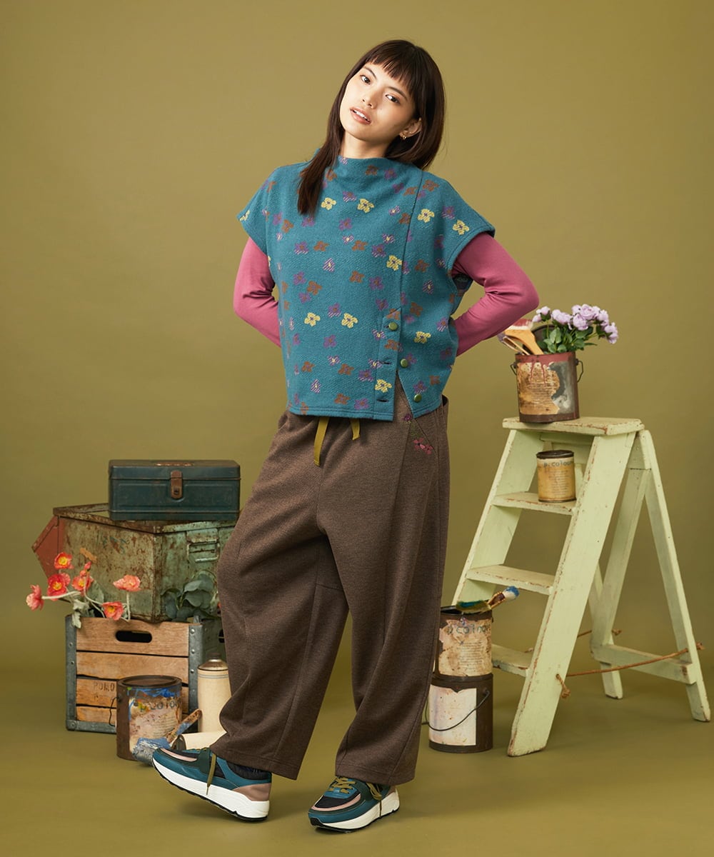 GJLAH43200 Jocomomola(ホコモモラ) 【ダブルポイント】カットソーフラワー刺繍パンツ ブラウン