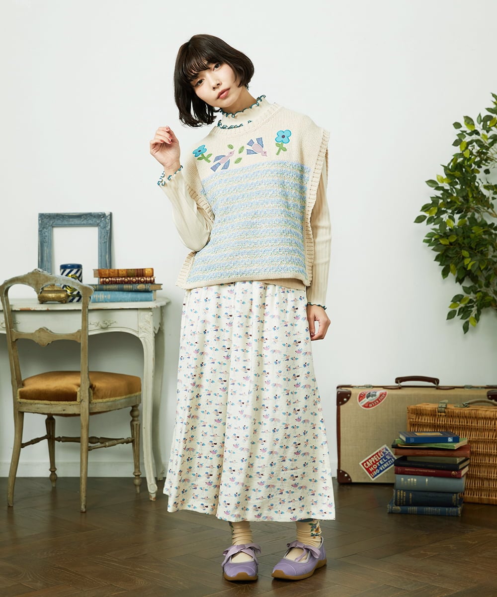 GJLDD01220 Jocomomola(ホコモモラ) Palominos 鳥プリントワイドパンツ アイボリー