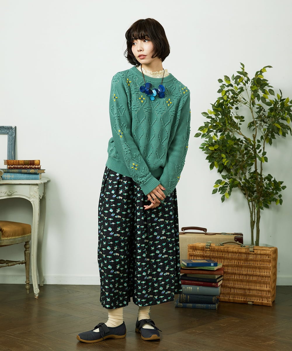 GJLDD01220 Jocomomola(ホコモモラ) Palominos 鳥プリントワイドパンツ ブラック