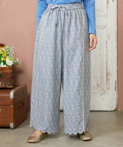 GJLDE41240 Jocomomola フラワースカラップ総刺繍ワイドパンツ