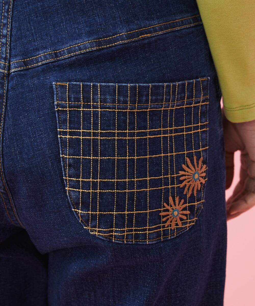 GJLDT40190 Jocomomola(ホコモモラ) フラワー刺繍 デニムパンツ ネイビー