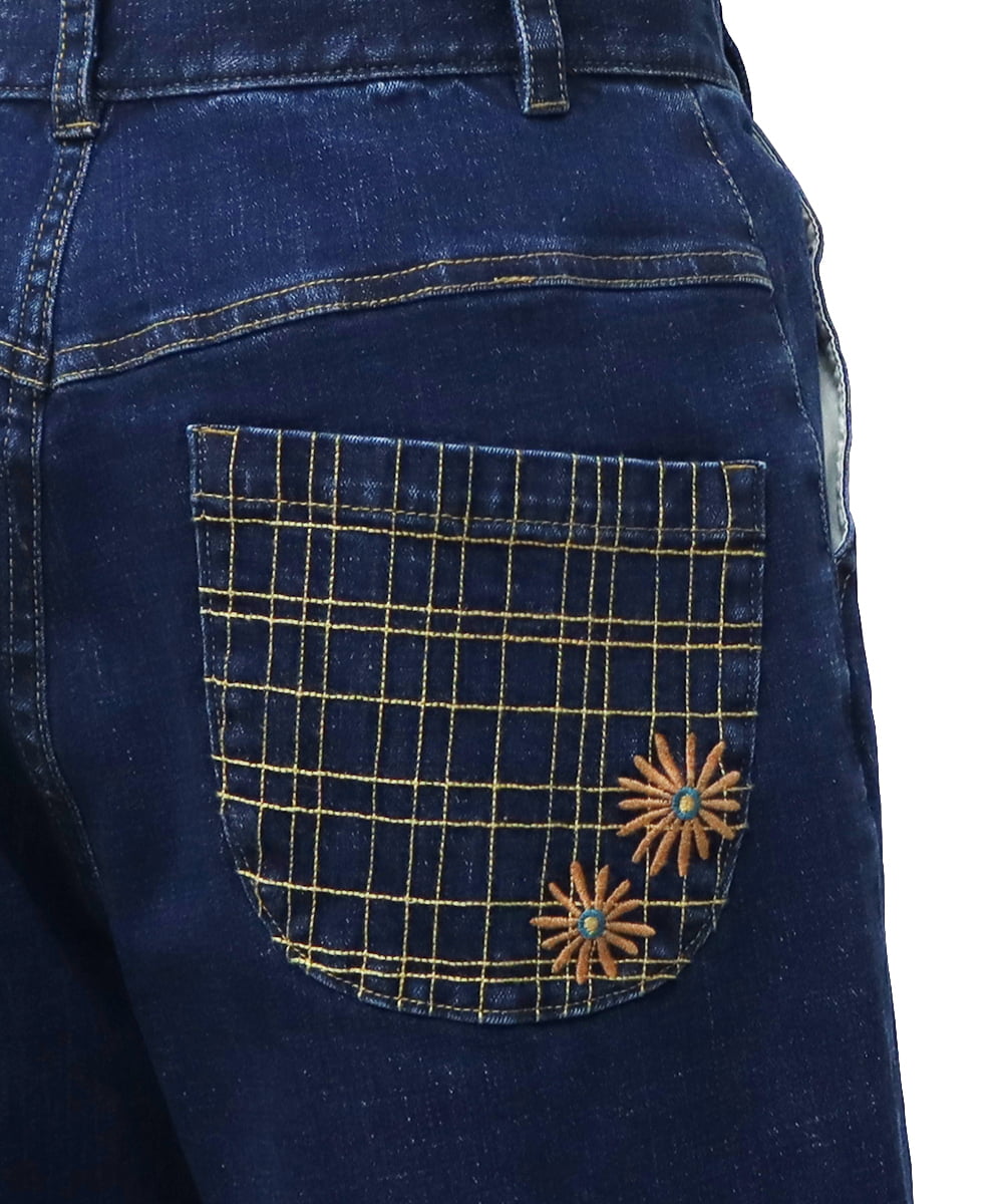 GJLDT40190 Jocomomola(ホコモモラ) フラワー刺繍 デニムパンツ ネイビー