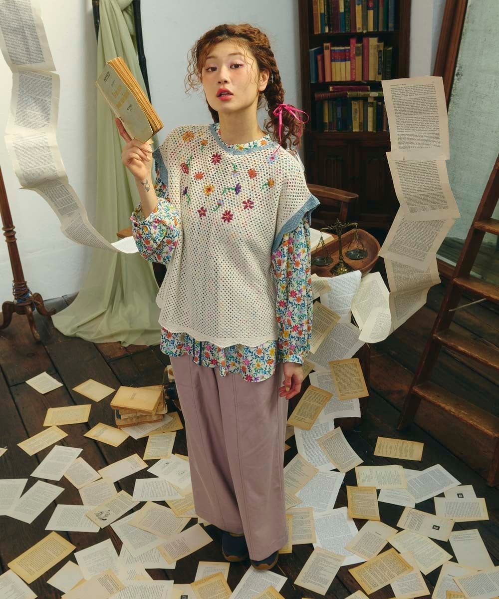 GJLFD33200 Jocomomola(ホコモモラ) Facil 刺繍入りツイルワイドパンツ ライトピンク