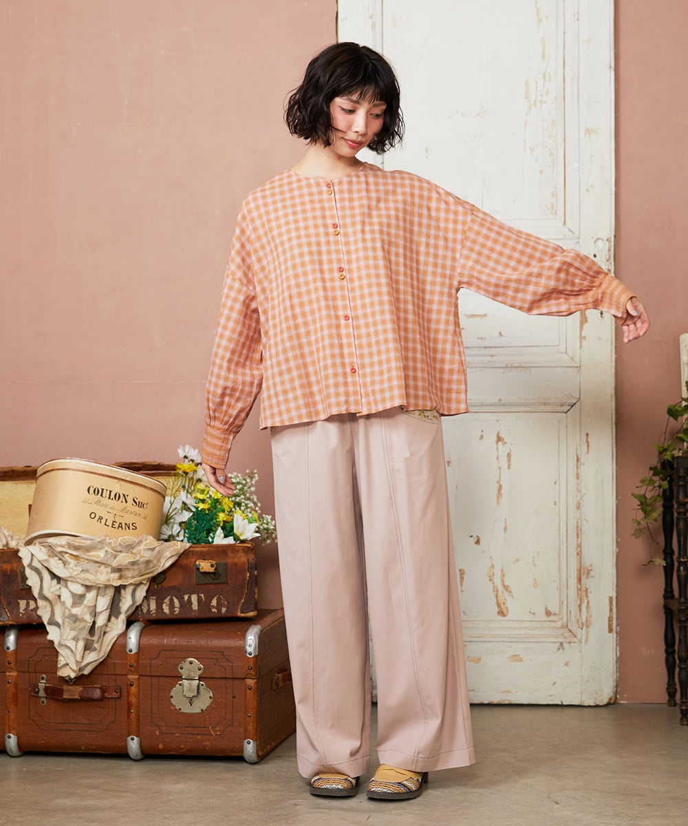 GJLFD33200 Jocomomola(ホコモモラ) Facil 刺繍入りツイルワイドパンツ ライトピンク