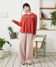 GJLFD33200 Jocomomola(ホコモモラ) Facil 刺繍入りツイルワイドパンツ ライトピンク