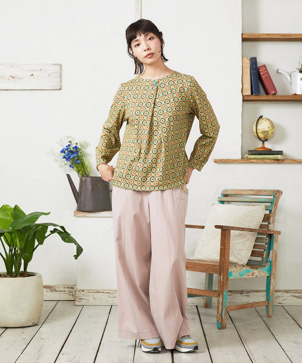 GJLFD33200 Jocomomola(ホコモモラ) Facil 刺繍入りツイルワイドパンツ ライトピンク