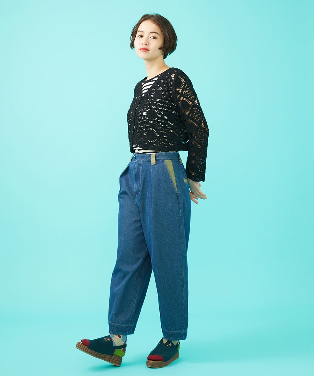 GJLGA31180 Jocomomola(ホコモモラ) Reflejo 配色デニムパンツ グリーン