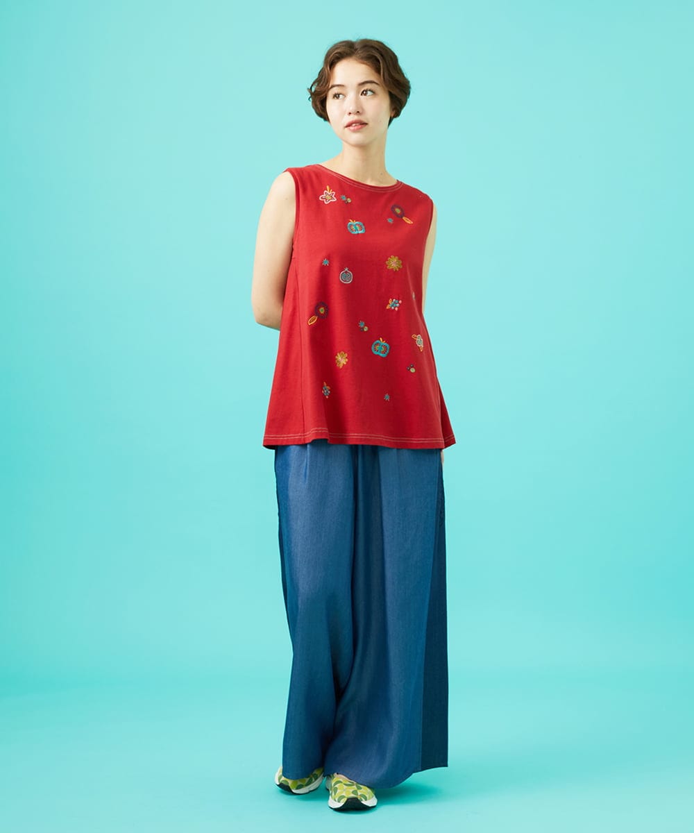 GJLGB41200 Jocomomola(ホコモモラ) Flor pintada テンセルデニムワイドパンツ ライトブルー