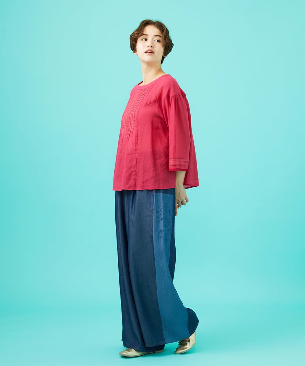 GJLGB41200 Jocomomola(ホコモモラ) Flor pintada テンセルデニムワイドパンツ ライトブルー
