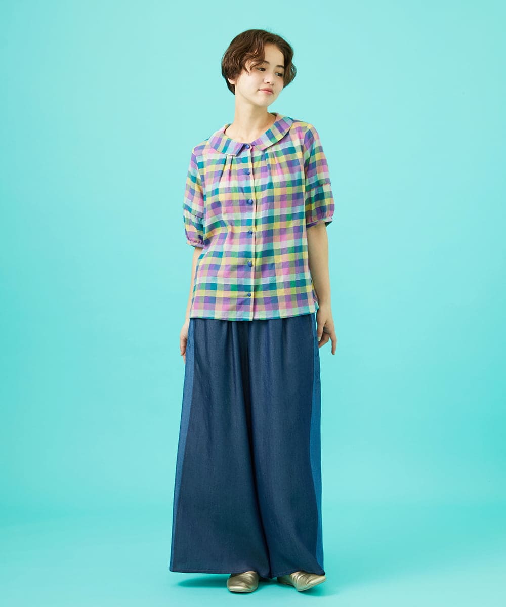 GJLGB41200 Jocomomola(ホコモモラ) Flor pintada テンセルデニムワイドパンツ ライトブルー