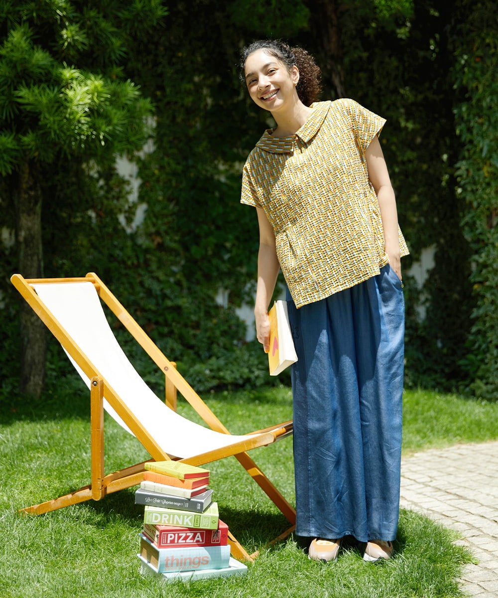 GJLGB41200 Jocomomola(ホコモモラ) Flor pintada テンセルデニムワイドパンツ ライトブルー