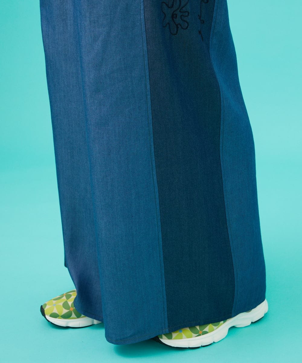 GJLGB41200 Jocomomola(ホコモモラ) Flor pintada テンセルデニムワイドパンツ ライトブルー