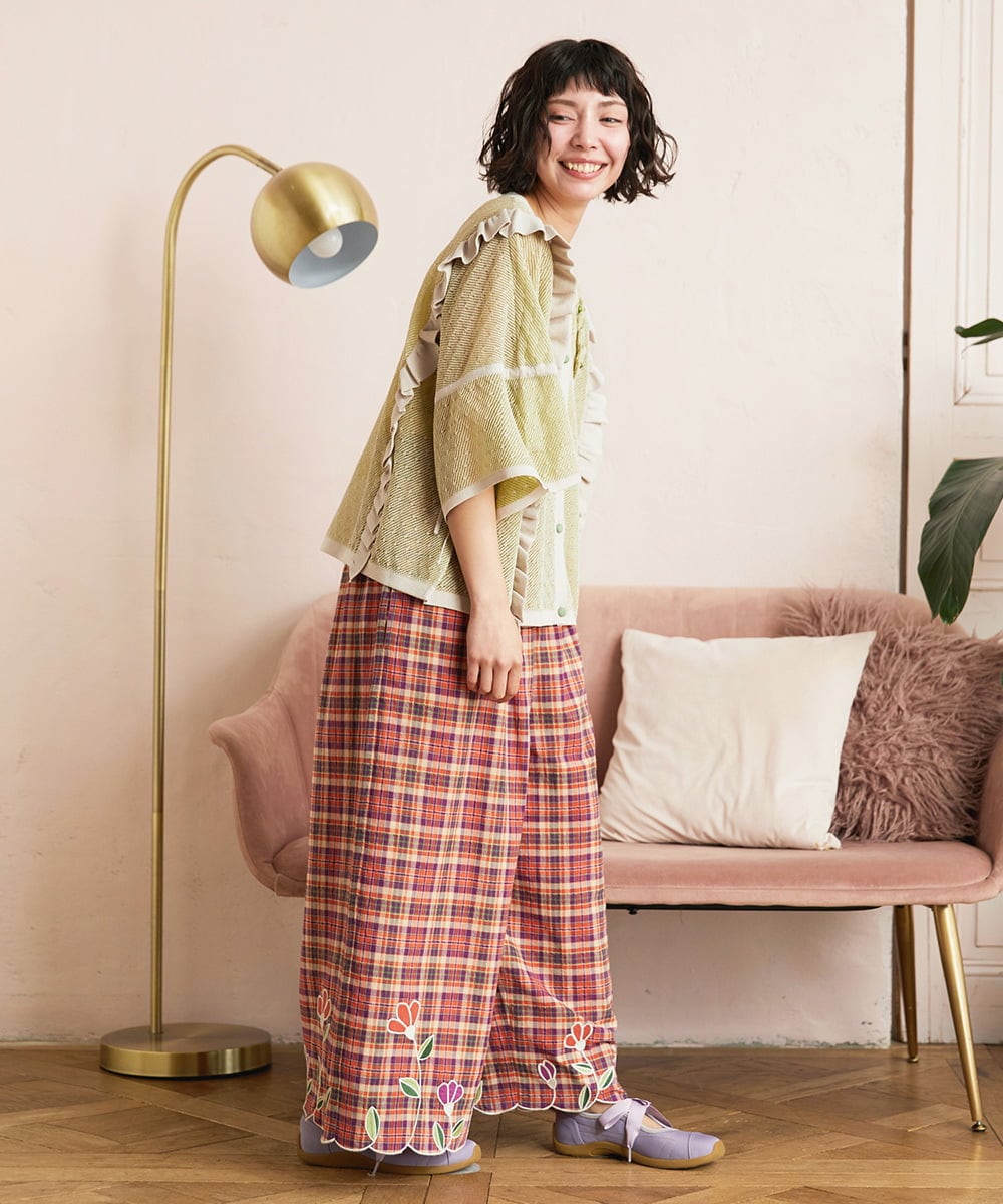 Dulcinea チェックスカラップ刺繍入りワイドパンツ(ガウチョ・ワイド