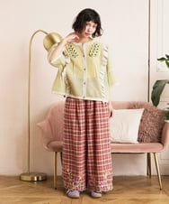 GJLGE02230 Jocomomola(ホコモモラ) Dulcinea チェックスカラップ刺繍入りワイドパンツ オレンジ×パープル