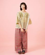 GJLGE02230 Jocomomola(ホコモモラ) Dulcinea チェックスカラップ刺繍入りワイドパンツ オレンジ×パープル
