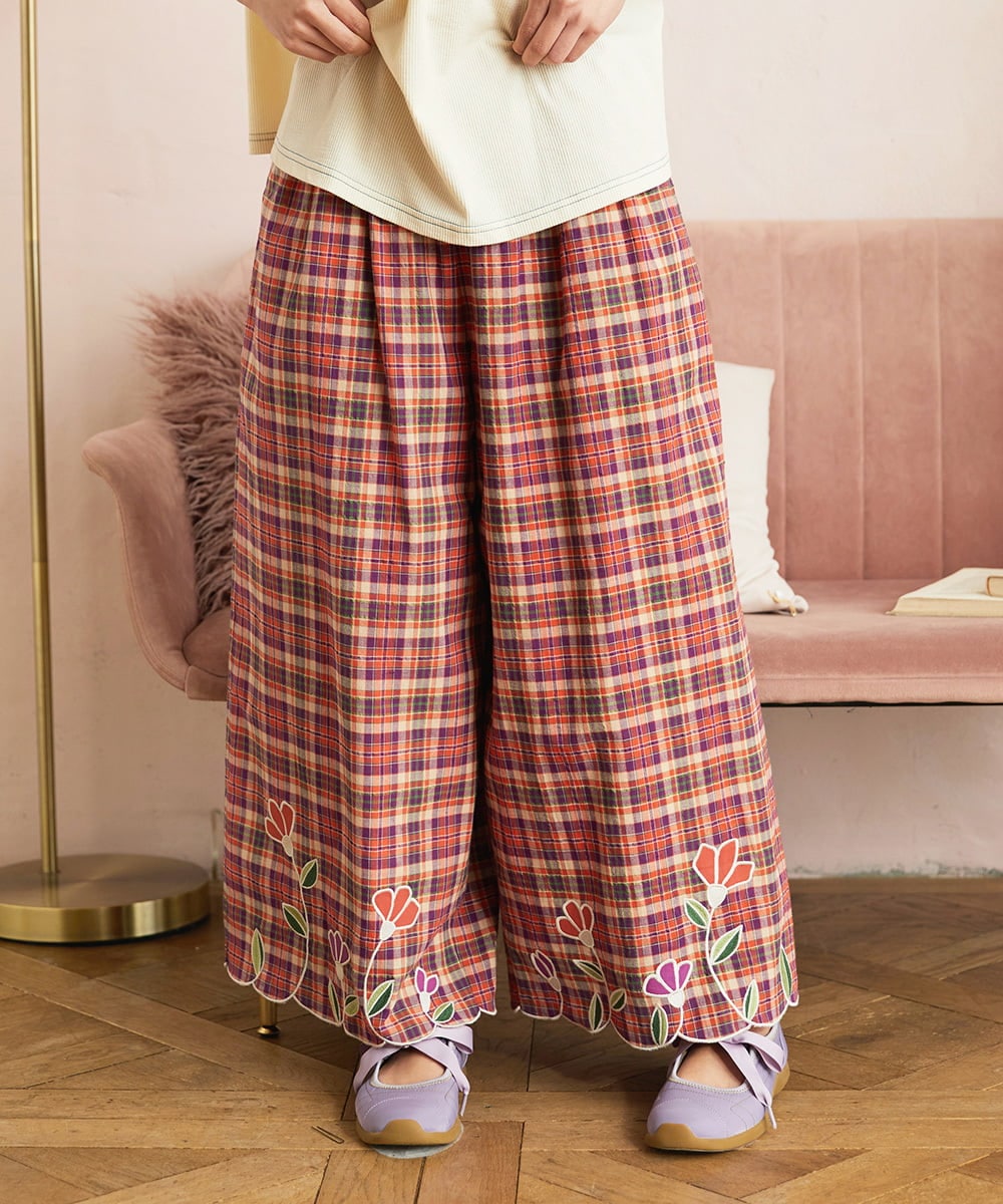 Dulcinea チェックスカラップ刺繍入りワイドパンツ(ガウチョ・ワイド