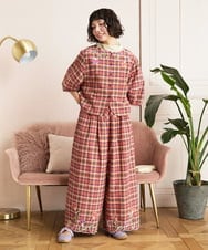 GJLGE02230 Jocomomola(ホコモモラ) Dulcinea チェックスカラップ刺繍入りワイドパンツ オレンジ×パープル