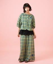 GJLGE02230 Jocomomola(ホコモモラ) Dulcinea チェックスカラップ刺繍入りワイドパンツ グリーン×ブルー